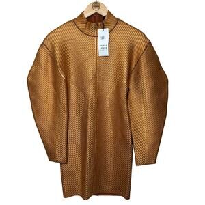 HERVE LEGER Metallic Coated Bandage Mini Dress Bodycon Long Sleeve Gold Small